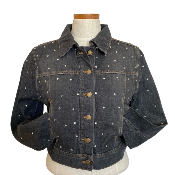 Bebe Rhinestone Denim Jacket Junior Size M Grey Wash Y2K Bling Sparkle Crop NWT - Picture 2 of 14